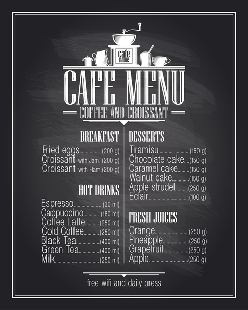 Chalkboard cafe menu list design with dishes name. - Vecteur, image