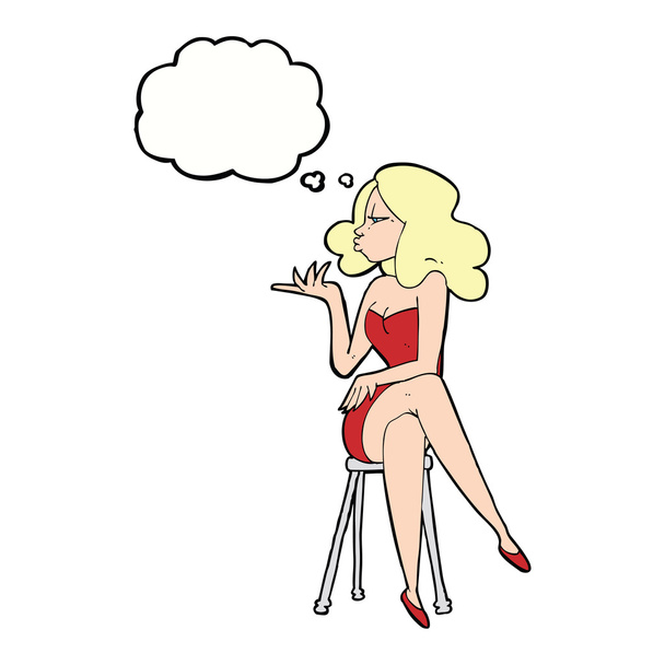 Karikatur Frau sitzt auf Barhocker mit Gedankenblase - Vektor, Bild