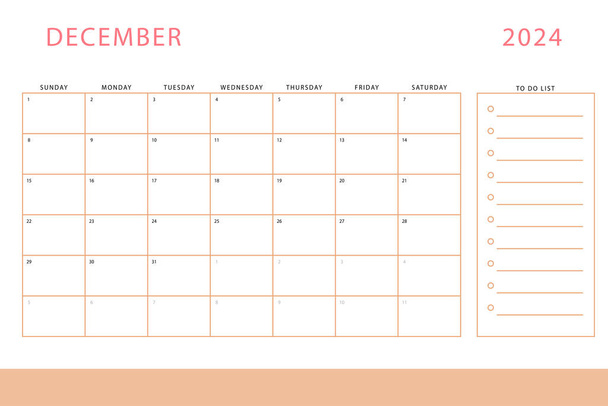 Dezember 2024 Kalender. Monatliche Planervorlage. Der Sonntag beginnt. Vektordesign - Vektor, Bild