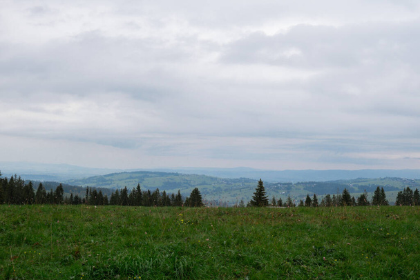 Schneebedeckte Berge, grüne Wälder im Nationalpark Zakopane Polen. Berglandschaft. Blauer Himmel. Reisen im Freien grünes Tourismuskonzept Naturecore. Wohlbefinden beim Wandern  - Foto, Bild