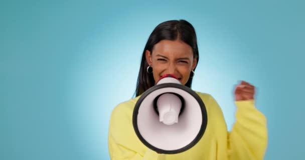 Face, megaphone or happy woman with announcement, feedback or review on studio background. Broadcast, attention or voice of girl with sale breaking news, speech or speaking on opinion on mic speaker. - Footage, Video