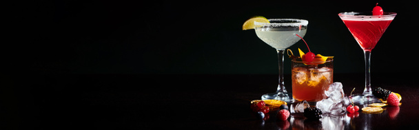 three sophisticated different cocktails garnished with berries and fruits, concept, banner - Photo, Image