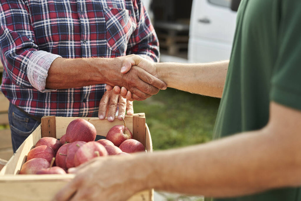 Handschlag eines nicht wiederzuerkennenden Obstbauern und Vertriebsmitarbeiters - Foto, Bild