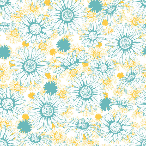 Summer Keltainen ja sininen Päivänkakkara kukkia rakenne Tausta Vektori Saumaton kuvio - Vektori, kuva