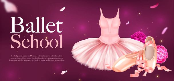 Балетная школа горизонтальный шаблон плаката с балериной платье и обувь пионы и падающие лепестки на цветном фоне векторной иллюстрации - Вектор,изображение