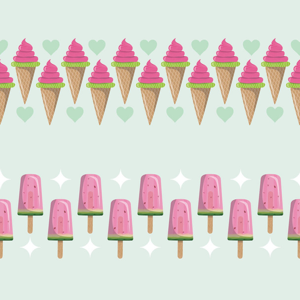 夏のアイスクリームとポップスルベクターシームレスな水平シームレスボーダーセット - ベクター画像
