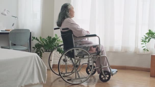 Vista posterior de la triste mujer madura en silla de ruedas pasar tiempo en el dormitorio y mirando a la ventana - Metraje, vídeo