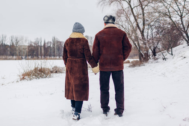 Rückansicht eines älteren Familienpaares, das bei schneebedecktem Winterwetter im Freien spaziert. Mann und Frau halten Händchen bei Date. - Foto, Bild