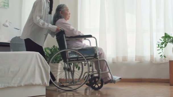 彼女の病気のシニアの母親の車椅子を介護の家に窓に押す若い娘の中長いショット - 映像、動画