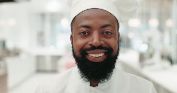 Cara, sonrisa y un chef negro en una cocina para preparar la comida como profesional en un restaurante comercial. Retrato, hospitalidad o catering con un cocinero feliz en la industria de alimentos y bebidas. - Metraje, vídeo