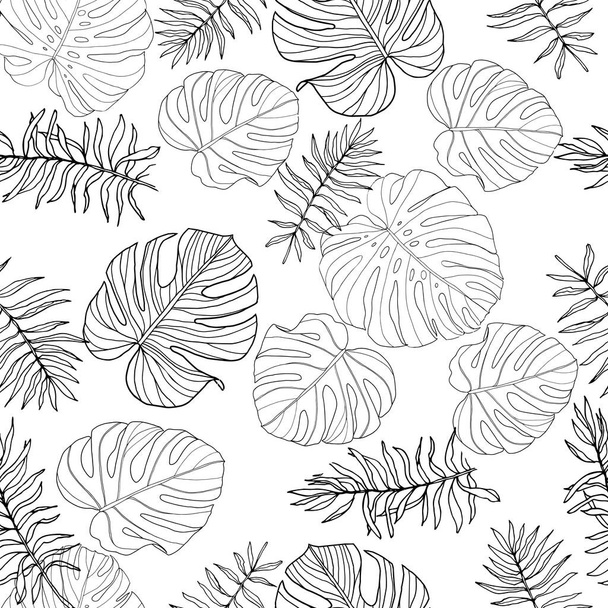 Black and white monstera and palm leaves seamless pattern for textile or wallpapers. Vector leaves background - Vektor, Bild