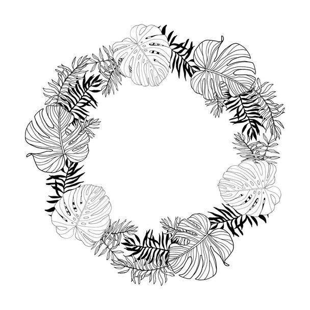 Kreisrahmen mit tropischen, Dschungelblättern, handgezeichnet, schwarz-weißer Kranz - Vektor, Bild