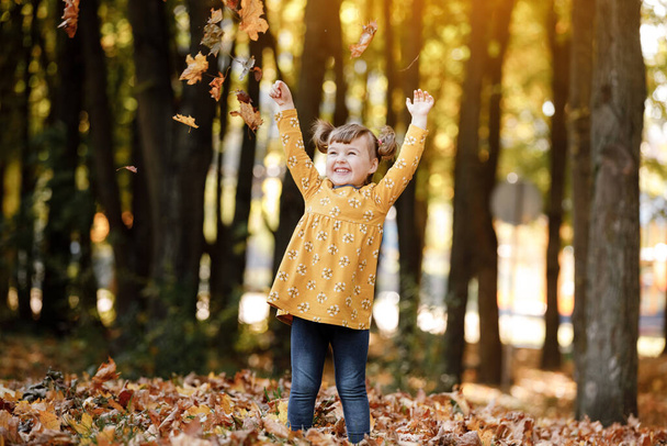 Dzień dla dzieci. Szczęśliwy uroczy dziewczynka dziecko 3-4 lat zabawy, zabawy z upadłymi lewy, uśmiech, korzystających ładne i słoneczny jesienny dzień na świeżym powietrzu. Szczęśliwego dzieciństwa sen i koncepcja wolności - Zdjęcie, obraz