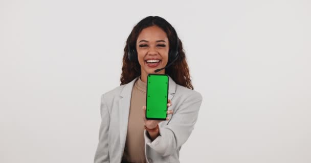 Phone, call center and woman with green screen and ok sign for review on mockup white background. Portrait of customer service consultant on smartphone website, contact us or support tracking markers. - Footage, Video