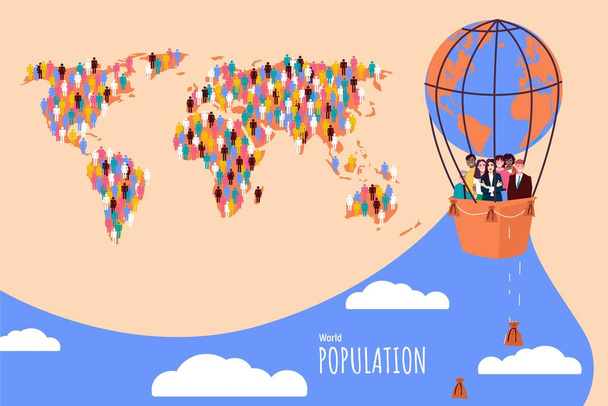 Weltbevölkerungscollage im flachen Stil mit Karte und Menschen, die in Ballonvektorillustration fliegen - Vektor, Bild