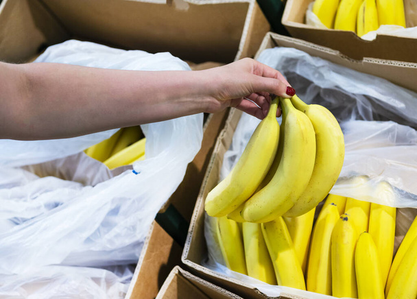 Ženská ruka vezme čerstvé ovoce v supermarketu zblízka. žena vybírá čerstvé banány v obchodě. Koncept nákupu ovoce. Koncept nakupování - Fotografie, Obrázek