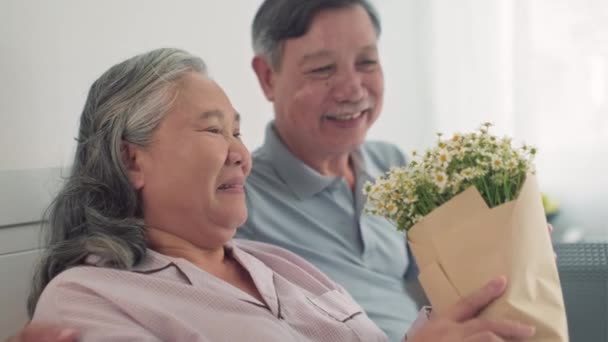 Medium close-up van vrolijke senior man brengen boeket van kamille naar zijn zieke vrouw rusten in bed - Video