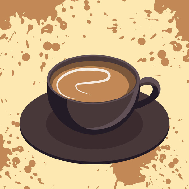 Illustration vectorielle, tasse noire de café sur fond avec éclaboussures et taches. - Vecteur, image