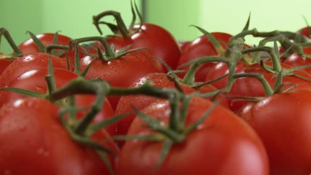 świeże pomidory na zielonym tle - Materiał filmowy, wideo