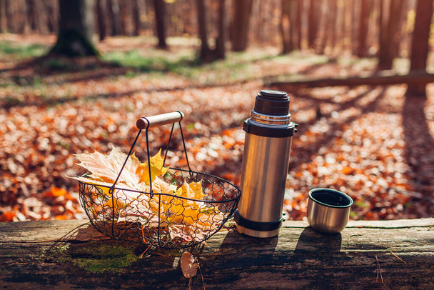 Primo piano di thermos e tazza di tè caldo lasciato sul tronco nella foresta autunnale da cesto con foglie d'acero giallo. Vibrazioni autunnali. Bevanda calda durante passeggiata nei boschi - Foto, immagini