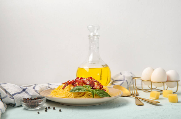 Plate with tasty pasta carbonara on white background - Photo, Image