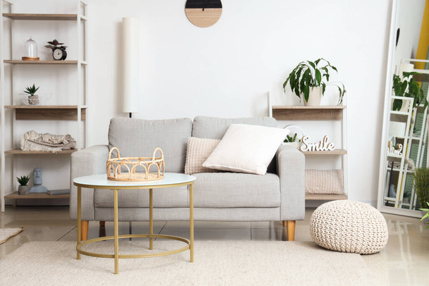 Sisätilojen valo olohuone harmaa sohva, pöytä ja hylly yksiköt - Valokuva, kuva
