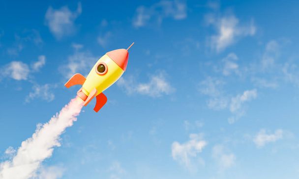 игрушечная ракета, летящая над небом с облаками и местом для текста. концепция предпринимательства, стартапов и целей. 3d-рендеринг - Фото, изображение