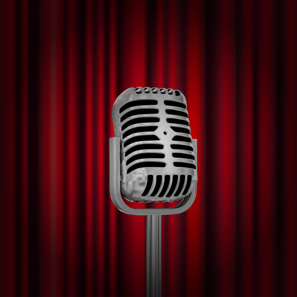 Illustration of Vintage Microphone against curtain backdrop - Vector, Image
