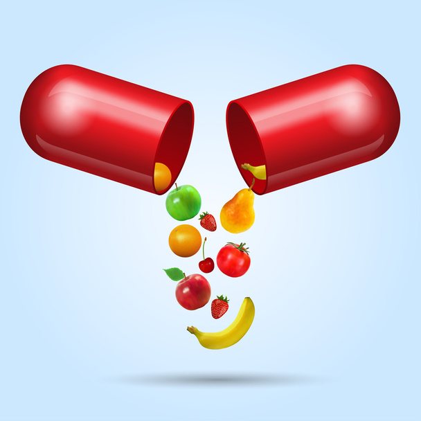 Different fruit in capsule - healthy diet concept - Vector, Image