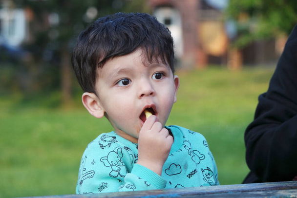 Bébé garçon pakistanais asiatique mignon mange dans un parc public Wardown local de Luton City, Angleterre Royaume-Uni. Image prise le 23 juillet 2023 - Photo, image