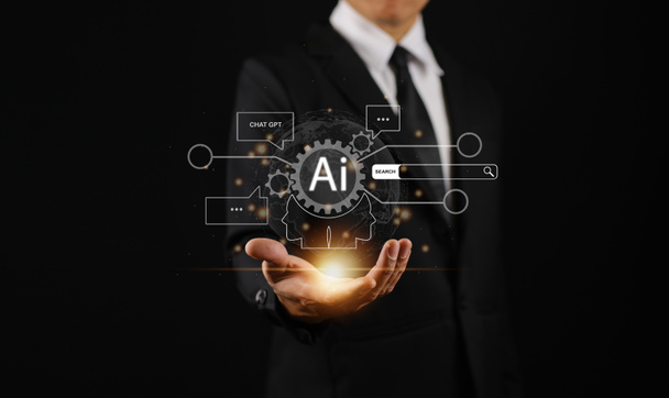 De mens toont kunstmatige intelligentie hersenen voor automatische interactie en informatie zoeken. Futuristische technologie transformatie. Kunstmatige intelligentie, chatbot chat met AI - Foto, afbeelding