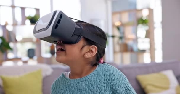 Girl, child and virtual reality experience, digital world and 3D connection, gaming and future technology at home. VR, fantasy or scifi with holographic, high tech and metaverse, software and network. - Footage, Video