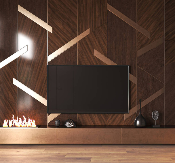 La clásica pared de lujo de TV marrón oscuro se burla de la cómoda y los paneles de madera con oro. Moderno salón interior de fondo. renderizado 3d. ilustración 3d de alta calidad. - Foto, imagen