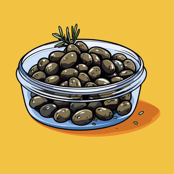Konzervované olivy ve sklenici. Vektorové ilustrace obrys potravinářský výrobek v retro skica stylu - Vektor, obrázek