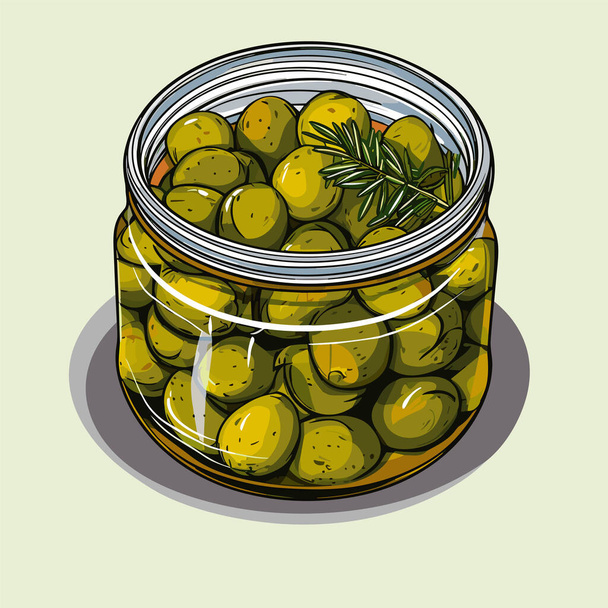 Консервированные оливки в стеклянной банке. Векторная люстрация очерчивает пищевой продукт в стиле ретро-эскиза - Вектор,изображение
