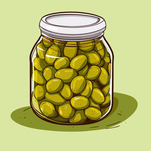 Olives en conserve dans un bocal en verre. Illustration vectorielle esquisse produit alimentaire dans le style rétro croquis - Vecteur, image