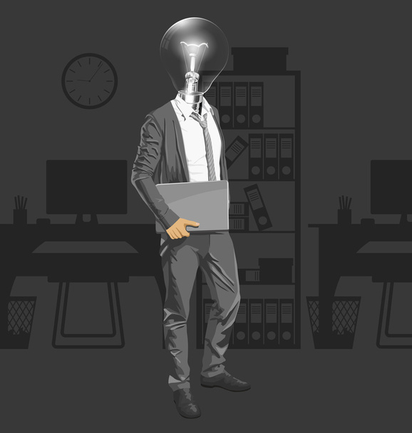 Hombre de cabeza de lámpara con ordenador portátil
 - Vector, Imagen