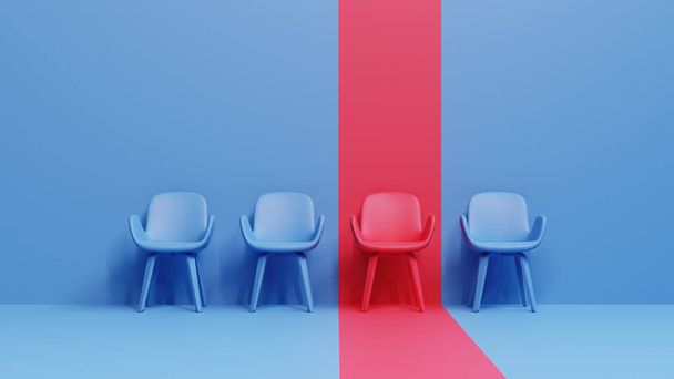 Chaise rouge se démarquant de la foule de chaises bleues, Unique, concept de location d'entreprise, rendu 3D - Photo, image