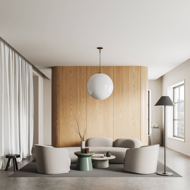 Інтер'єр сучасної вітальні з білими і дерев'яними стінами, бетонною підлогою, затишним диваном і двома кріслами, що стоять на килимі біля двох круглих журнальних столиків. 3D візуалізація - Фото, зображення
