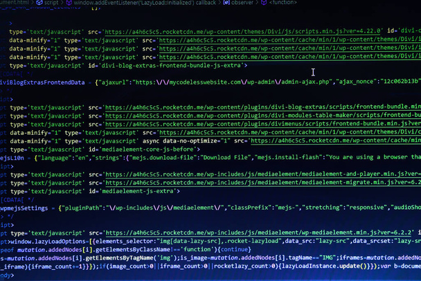 Matrix ψηφιολέξη του δυαδικού κώδικα data rian τρέχει αφηρημένο υπόβαθρο σε σκούρο μπλε ψηφιακό στυλ. Οθόνη κώδικα προγραμματισμού του προγραμματιστή λογισμικού. Κωδικός Javascript σε λογισμικό bracket - Φωτογραφία, εικόνα