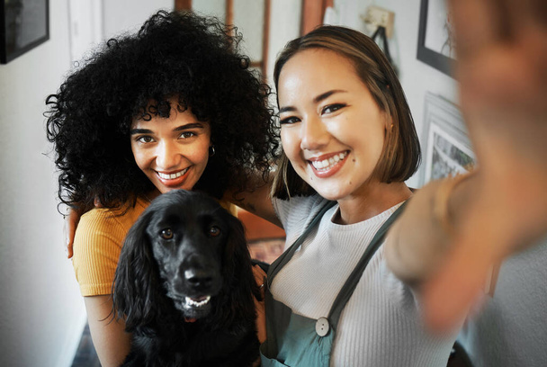 Hymyile, selfie ja muotokuva lesbo pari koira moderni asunto liimaus yhdessä. Rakkaus, onnellinen ja rotujenvälinen nuori lgbtq naiset ottavat kuvan ja tilalla eläin lemmikki pentu kotona - Valokuva, kuva