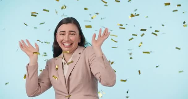 Happy, face and business woman with confetti for win, celebration or success. Smile, face portrait and a girl or winner of competition, promotion or achievement with a dance on a studio background. - Footage, Video