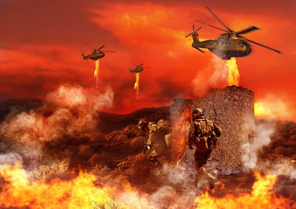 Combat, military and soldier with fire in battlefield for service, army duty and battle in camouflage. Mockup, explosion and people with helicopter for armed forces, defense or warfare conflict. - Photo, Image