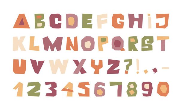 Tagliare l'alfabeto. Stile bambini font colorato taglio carta. Lettere alfabetiche, numeri e segni di punteggiatura individuali per la scrittura di testi. Illustrazione vettoriale - Vettoriali, immagini