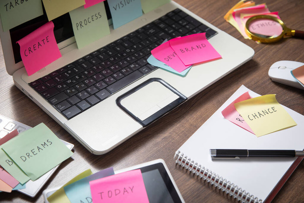 Laptop computer with colorful sticky notes. Business  - Photo, Image