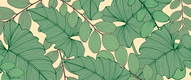 Vector botanical green background with tropical plants. Tropical background for decor, wallpaper, covers, cards and presentations, for posts on social networks. - Vector, Image