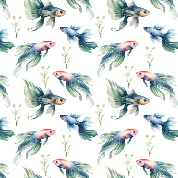 Aquarelle motif oriental avec carpes arc-en-ciel. Texture orientale sans couture avec des poissons dessinés à la main isolés. Fond naturel asiatique dans le vecteur - Vecteur, image