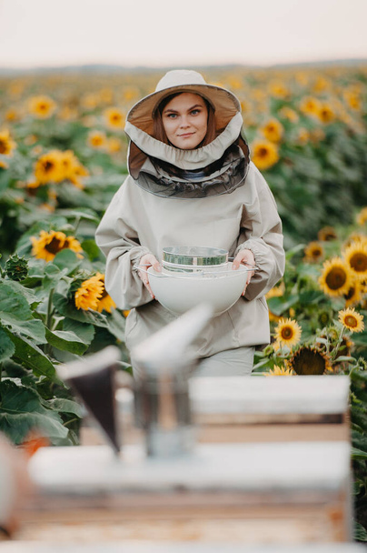 Um jovem apicultor familiar positivo trabalha em uma fazenda produzindo mel em girassóis ao pôr do sol. Conceito de produção de mel - Foto, Imagem