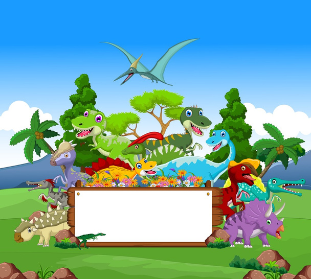 Desenhos animados de dinossauro com fundo de paisagem e sinal em branco
 - Vetor, Imagem