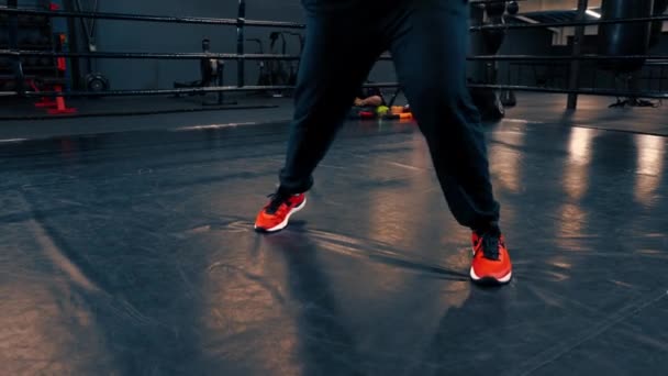 Boks ringinde güreş müsabakasında bir paspasın üzerinde duran bir sporcunun güçlü bacakları. - Video, Çekim